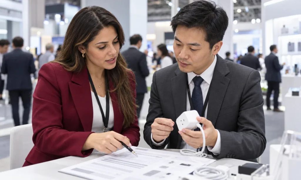 Comprador e fornecedor analisam um equipamento e sua ficha técnica em feira comercial.